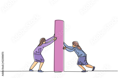 Single one line drawing two young smart business women pushing wall together team building. Business teamwork metaphor minimal concept. Modern continuous line draw design graphic vector illustration