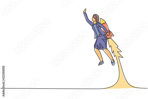 Single one line drawing of young smart business woman flying high using jetpack to reach goal. Business sales growth minimal concept. Modern continuous line draw design graphic vector illustration