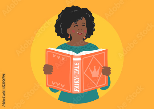 Woman reading fairy-tale. African ethnicity teacher holding book. Children's entertainment, development and education concept. 
