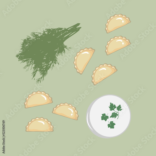 Cartoon dumplings with sour cream isolated on green background. Vector illustration.