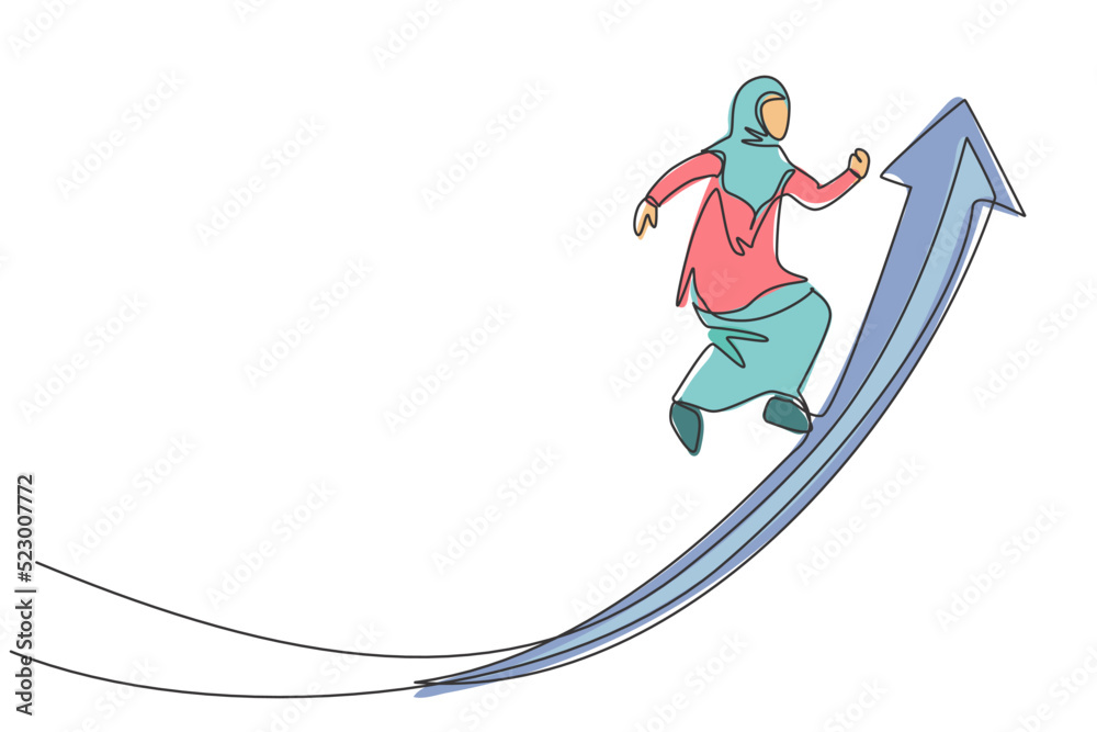 Continuous one line drawing of young Arabic female worker jumping high on up arrow symbol. Success business manager minimalist concept. Trendy single line draw design vector graphic illustration Continuous one line drawing of young Arabic female worker jumping high on up arrow symbol. Success business manager minimalist concept. Trendy single line draw design vector graphic illustration