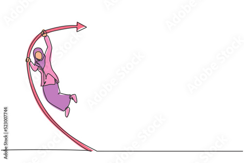 Single one line drawing of young Arabian businesswoman jumping high with pole vault. Business financial growth metaphor minimal concept. Modern continuous line draw design graphic vector illustration