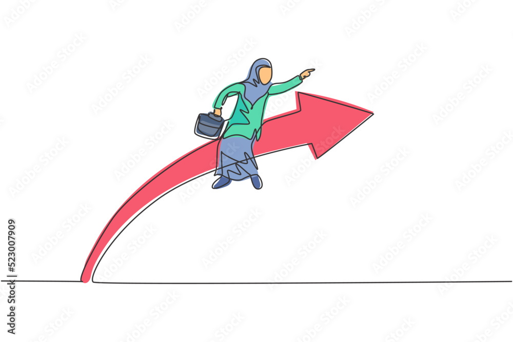 Fototapeta premium Continuous one line drawing of young Arabic female worker sitting on arrow symbol and flying. Success business manager minimalist concept. Trendy single line draw design vector graphic illustration