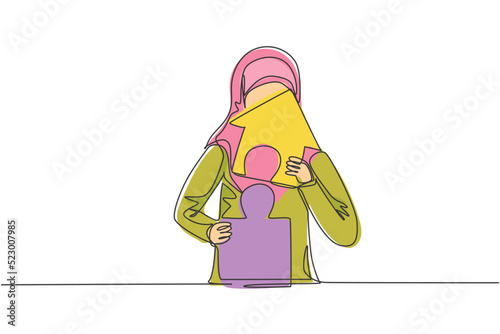Single one line drawing of young Arabian businesswoman build puzzle into up house building. Business financial growth minimal concept. Modern continuous line draw design graphic vector illustration