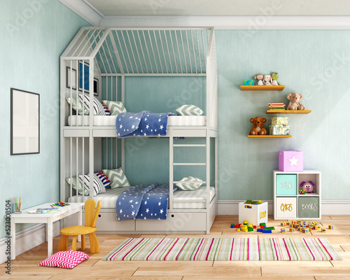 Sunny children room with white bunk bed and lot of toys in baskets and on the floor, 3d illustration photo