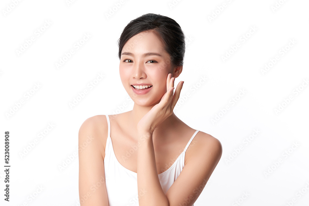 Beautiful young asian woman with clean fresh skin on white background, Face care, Facial treatment, Cosmetology, beauty and spa, Asian women portrait.