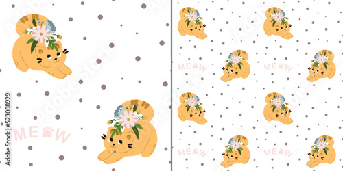 Seamless pattern with cute cats in flowers on a white background. Children's texture in scandinavian style for fabric, textile, clothing, nursery decoration. Vector illustration