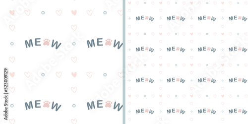 Cat footprint with meow in heart seamless pattern