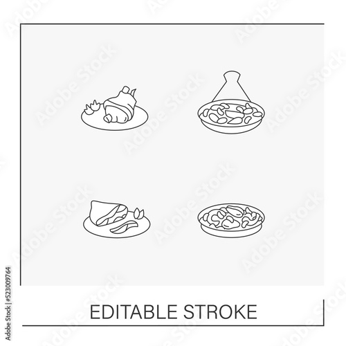 National dishes line icons set. Parma ham, pork knuckle, tagine, paella.Traditional cuisine recipes and ingredients for restaurants. Food concepts. Isolated vector illustrations. Editable stroke