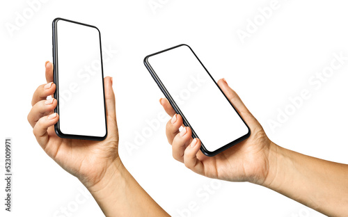 Woman's hand holding the black smartphone with a transparent blank screen isolated transparent background - PNG format - easy replacement of background and device screen