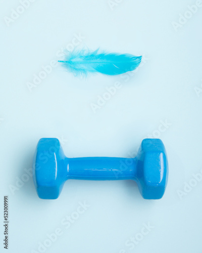 Dumbell and feather on blue background. Heavy and light concept.