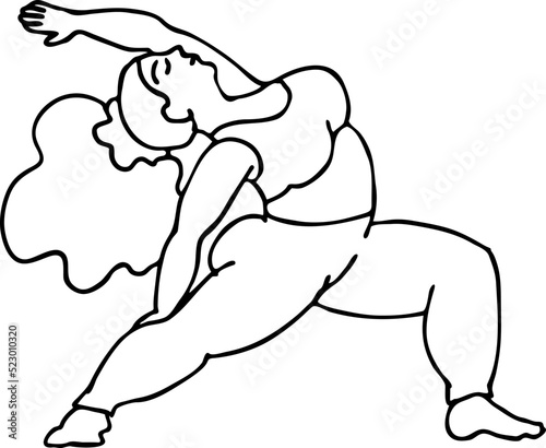 Curvy plus size woman has yoga class and make relaxation pose to be strong and trains her body. Hand drawn monochrome vector illustration. Comics cartoon line drawing.