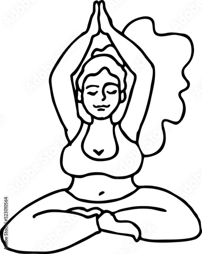 Curvy plus size woman has yoga class and make relaxation pose to be strong and trains her body. Hand drawn monochrome vector illustration.  Comics cartoon line drawing.