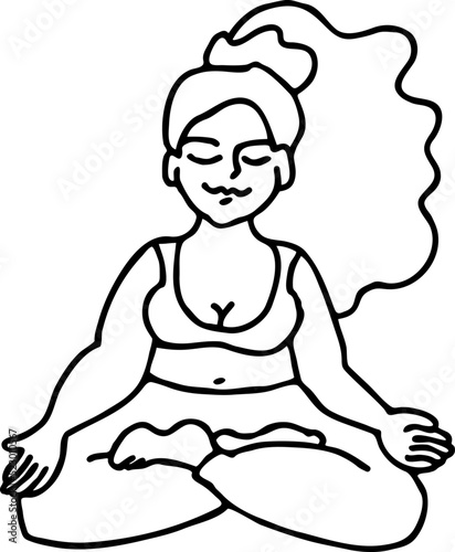 Curvy plus size woman has yoga class and make relaxation pose to be strong and trains her body. Hand drawn monochrome vector illustration.  Comics cartoon line drawing.