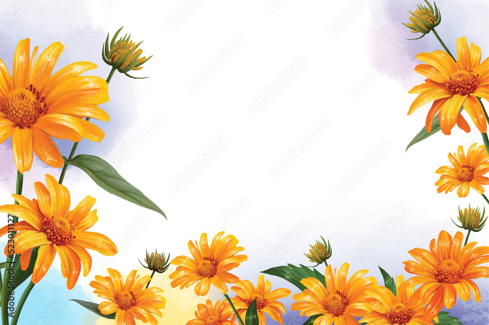 Obraz premium wallpaper flowers yellow heliopsis, sunflower against the background of the watercolor sky illustration