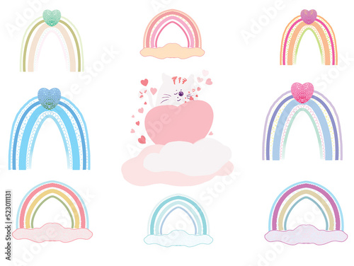 set of rainbows and cartoon cat with ear illustration