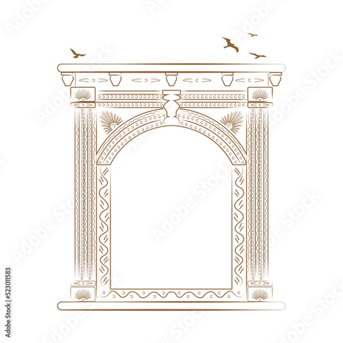 Jharokha vector illustration. Window architecture illustration. Jharokha with Birds illustration. Line art arch illustration. Flying Birds illustration. Rajasthani Jharokha vector.