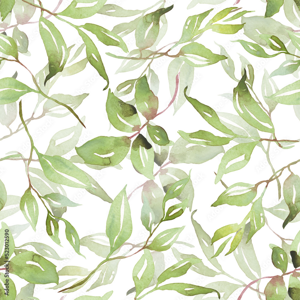 Green leaves seamless patterns. Watercolor illustration Green leaves seamless patterns. Watercolor illustration