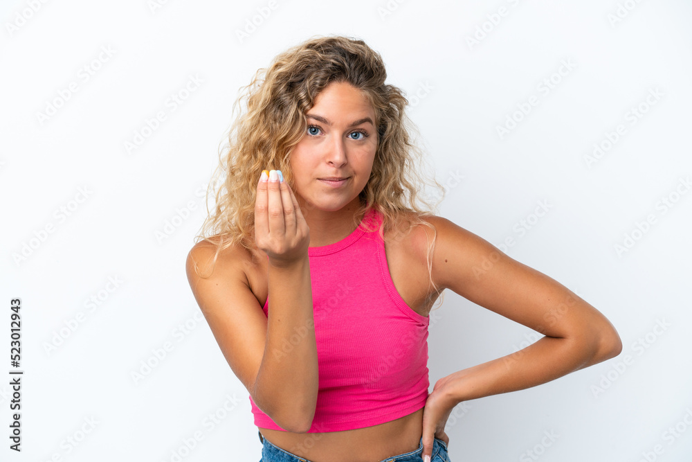 Girl with curly hair isolated on white background making Italian gesture Girl with curly hair isolated on white background making Italian gesture