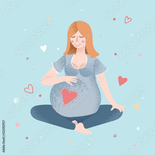 A ginger lady practices yoga in a childbirth preparation course. Vector illustration for advertising and web materials