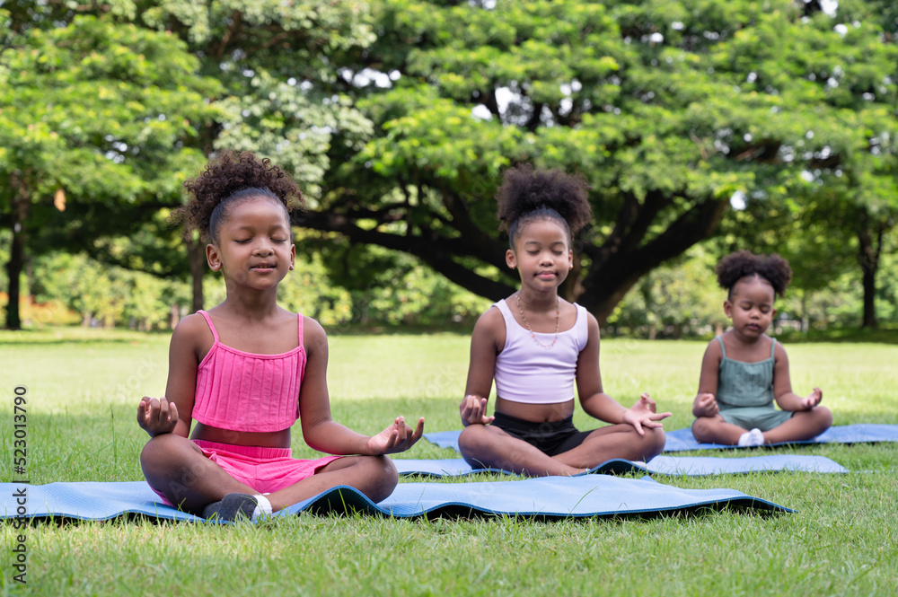 Portrait group African American kids girl training yoga meditate in the park Portrait group African American kids girl training yoga meditate in the park