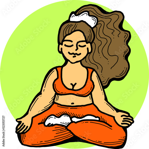 Curvy plus size woman has yoga class and make relaxation pose to be strong and trains her body. Hand drawn colorful retro vintage vector  illustration. Comics cartoon old style drawing.
