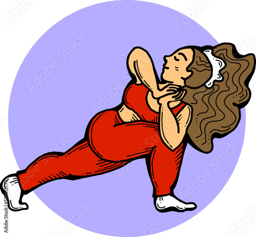 Curvy plus size woman has yoga class and make relaxation pose to be strong and trains her body. Hand drawn colorful retro vintage vector  illustration. Comics cartoon old style drawing.
