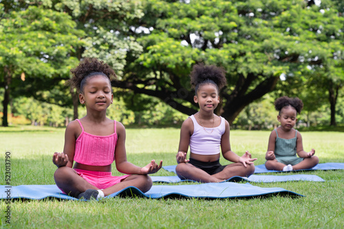 Portrait group African American kids girl training yoga meditate in the park  © chachamp