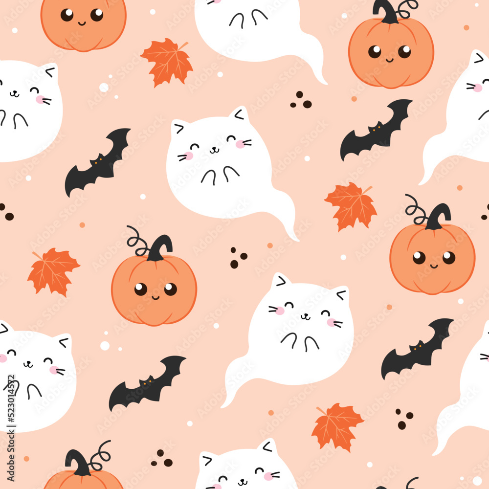 Halloween vector seamless pattern with Kawaii Cute Cat Ghost. Cartoon ...