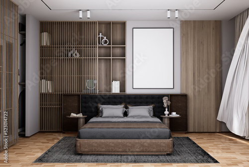 mock up poster frame in modern interior fully furnished rooms background, bedroom,