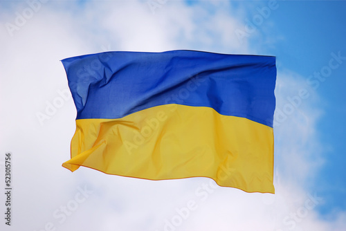 Ukrainian flag, wheat field against the blue sky 