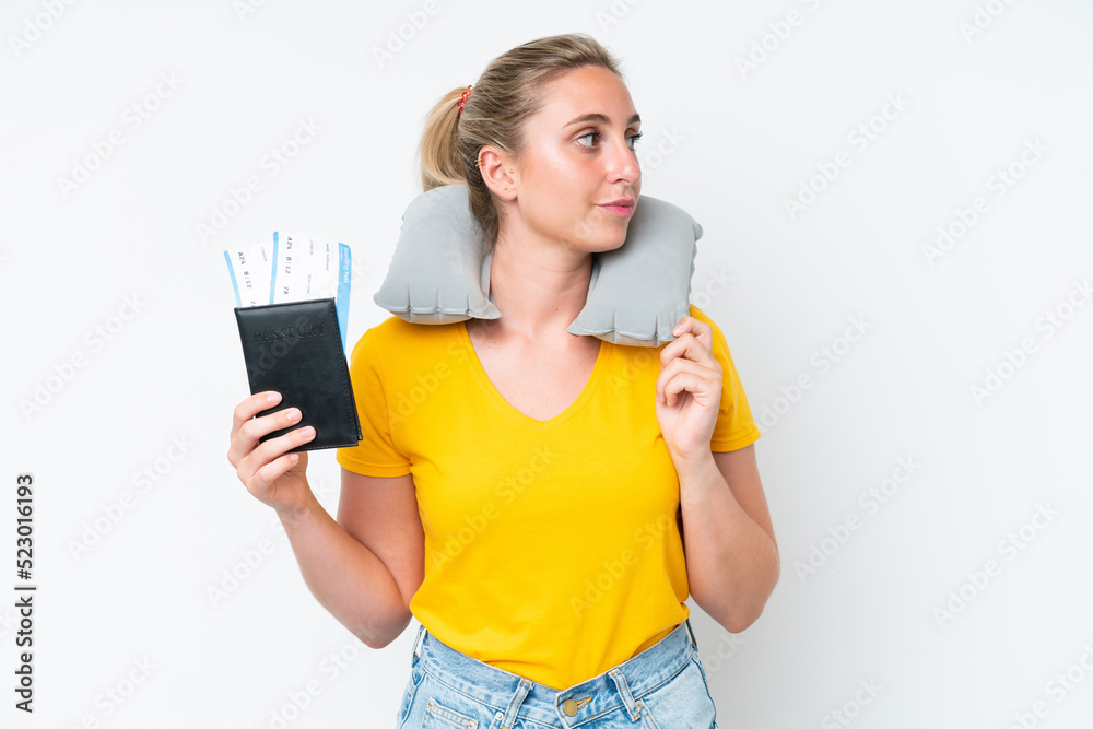 Woman with Inflatable Travel Pillow looking to the side Woman with Inflatable Travel Pillow looking to the side