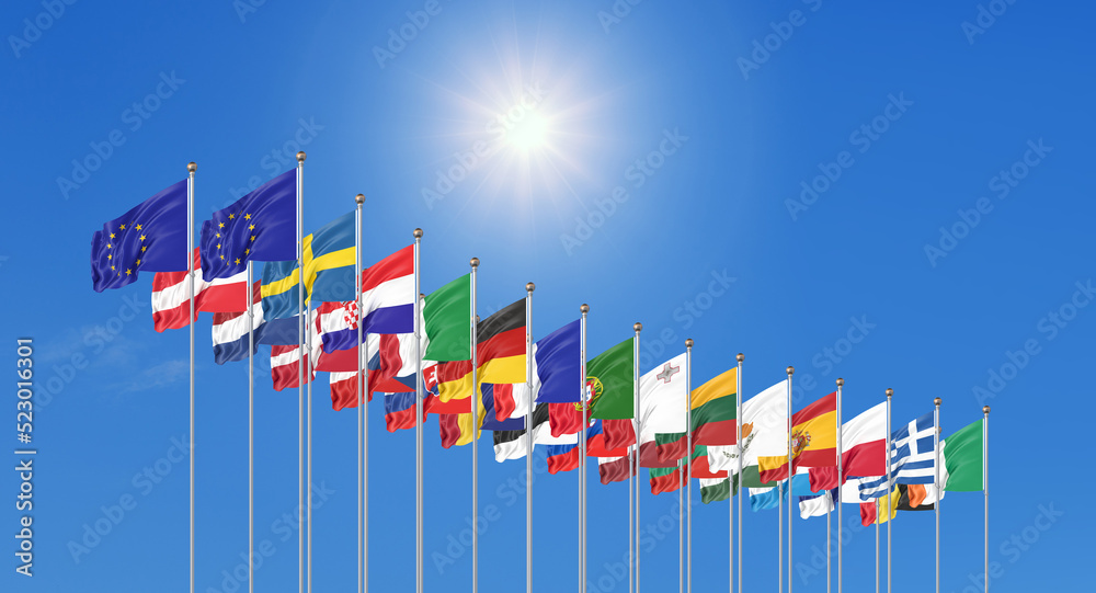 27 waving flags of countries of European Union (EU). Blue sky background. 3D illustration. 27 waving flags of countries of European Union (EU). Blue sky background. 3D illustration.