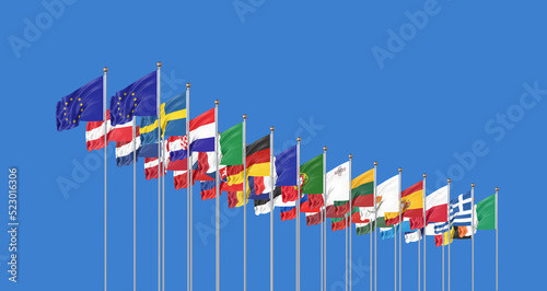 27 waving flags of countries of European Union (EU). Blue sky background. 3D illustration.