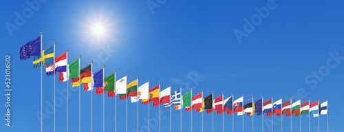27 waving flags of countries of European Union (EU). Sky background. 3D illustration.