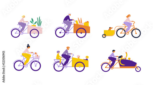 People driving cargo bikes set. Men and women on bikes carry different cargo, goods, children, things. Flat vector illustration photo