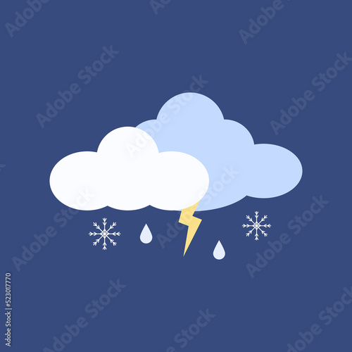 Cloud with rain and snow weather icon vector image. Weather icon on blue background. Cartoon weather Vector Illustration flat design 