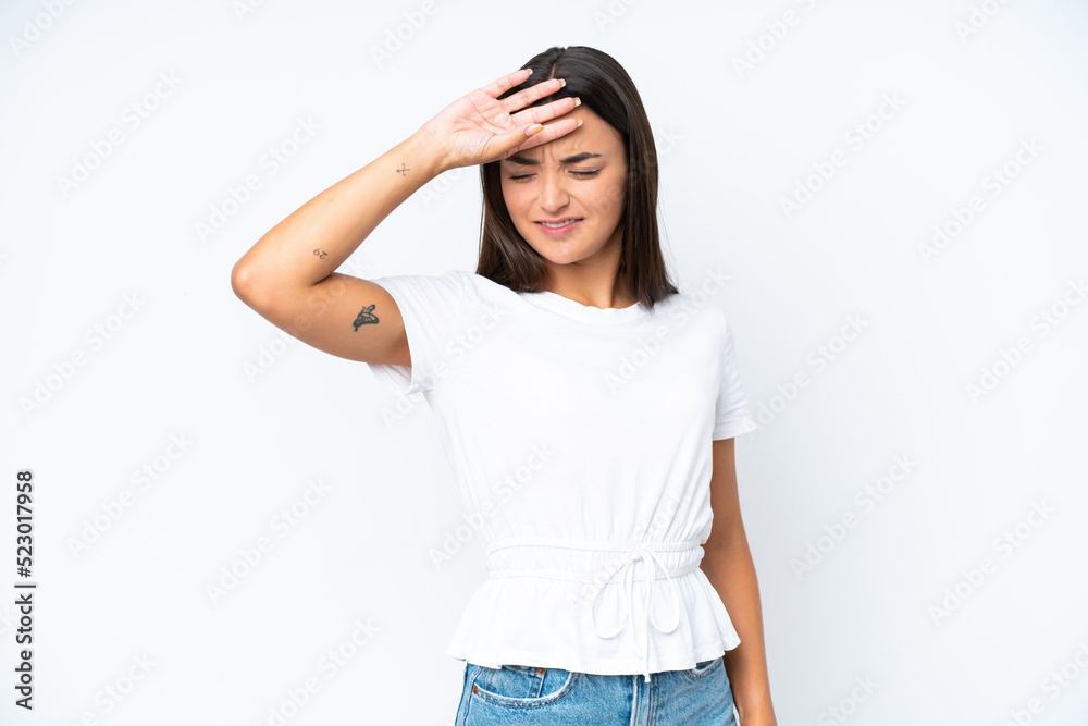 Young caucasian woman isolated on white background with tired and sick expression Young caucasian woman isolated on white background with tired and sick expression