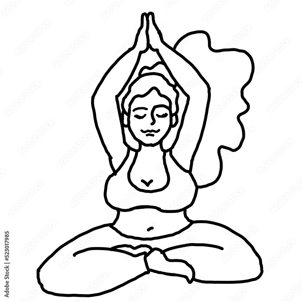 Curvy plus size woman has yoga class and make relaxation pose to be strong and trains her body. Hand drawn simple black and white illustration. Comics cartoon line drawing. Curvy plus size woman has yoga class and make relaxation pose to be strong and trains her body. Hand drawn simple black and white illustration. Comics cartoon line drawing.