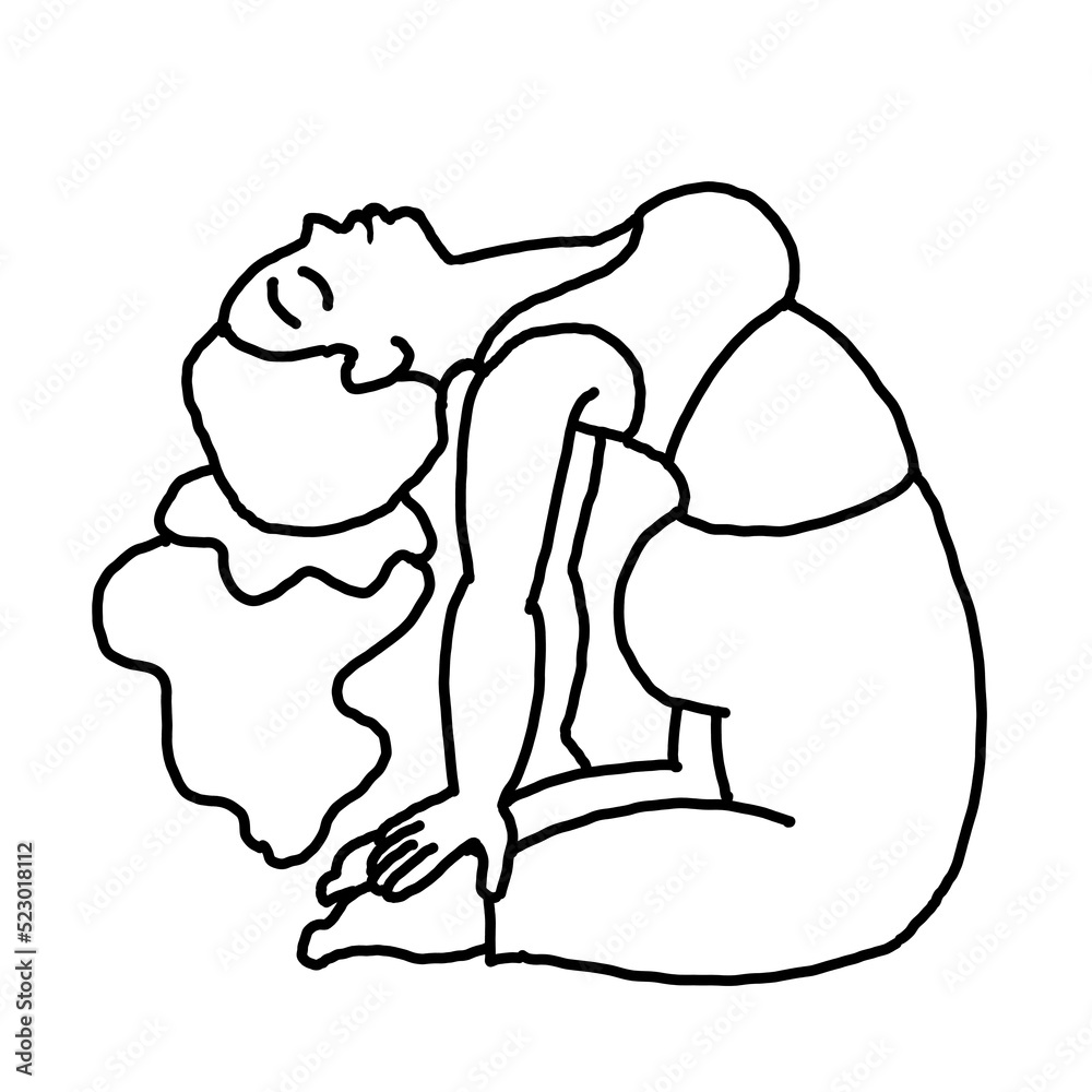 Curvy plus size woman has yoga class and make relaxation pose to be strong and trains her body. Hand drawn simple black and white illustration. Comics cartoon line drawing. Curvy plus size woman has yoga class and make relaxation pose to be strong and trains her body. Hand drawn simple black and white illustration. Comics cartoon line drawing.