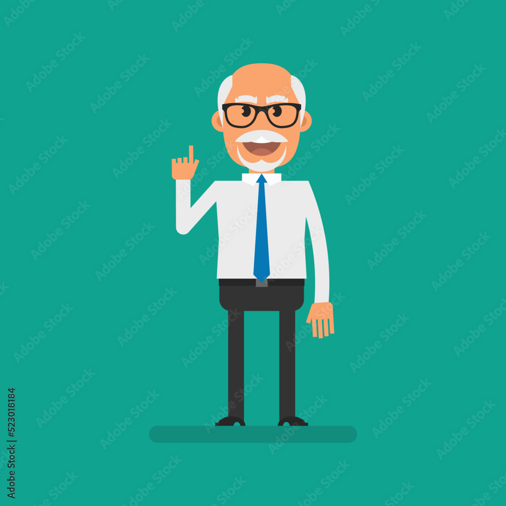 Old businessman pointing finger up and smiles Old businessman pointing finger up and smiles