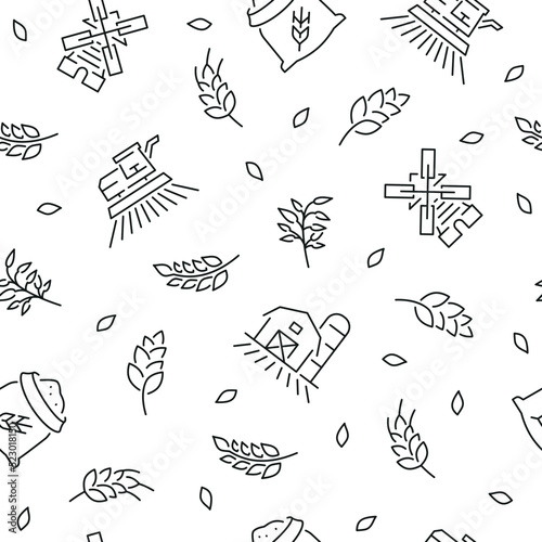 Seamless pattern with cereal grain. Black and white thin line icons