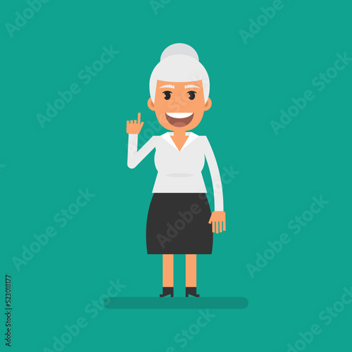 Old business woman pointing finger up and smiles
