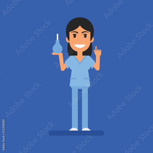Nurse holding enema and pointing finger up