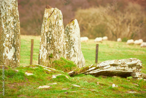 Cairn Holy Standing Stones Newton Stewart. Clyde Cairns resting place of Mythical Scottish King Galdus Closeup  photo