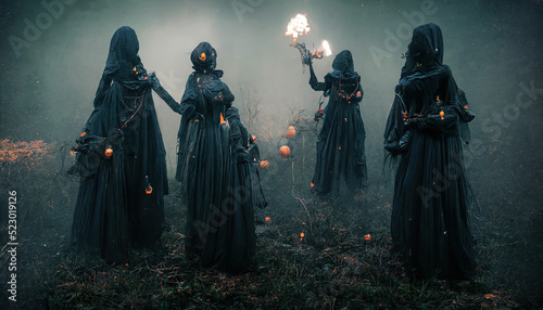 A gloomy dramatic background, witches in black cloaks perform a ritual in a dark gloomy forest. Background for Halloween holiday. Magic atmospheric background, witchcraft. 3D illustration photo