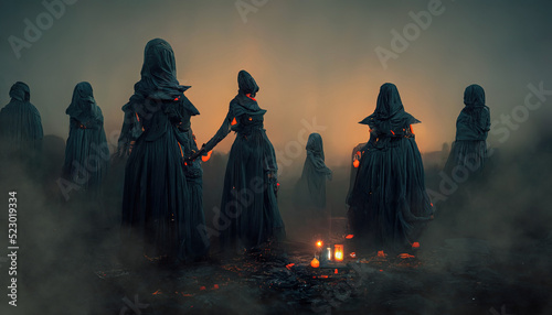 A gloomy dramatic background, witches in black cloaks perform a ritual in a dark gloomy forest. Background for Halloween holiday. Magic atmospheric background, witchcraft. 3D illustration photo