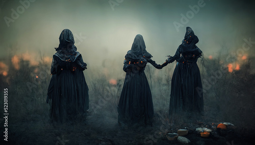 Fotografering A gloomy dramatic background, witches in black cloaks perform a ritual in a dark gloomy forest