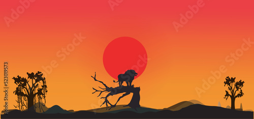 African Safari Animals Savannah. Silhouette Sunset Scenery Backgrounds.