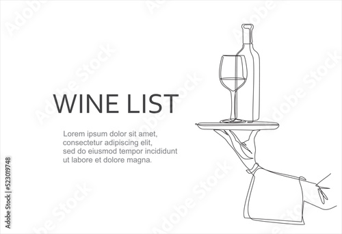 Wine list. Continuous line one drawing of hand holding dish with wine bottle with wineglass. Vector illustration.